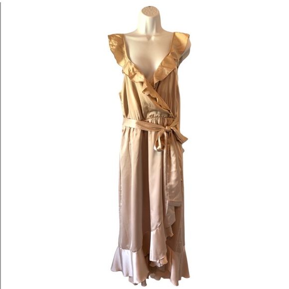 Show Me Your Mumu Samatha Ruffle Wrap Dress Champagne Luxe Satin XL - Picture 2 of 2